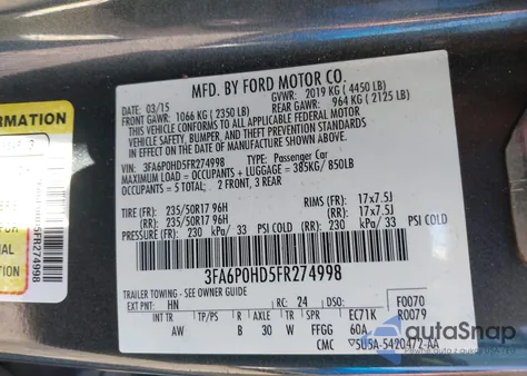 2015 Ford Fusion Se from USA, damaged, VIN 3FA6P0HD5FR274998
